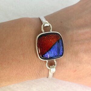 Sterling Silver 925 Multi Color Dichroic Glass Hinged Bangle Bracelet 6.5" 21g
